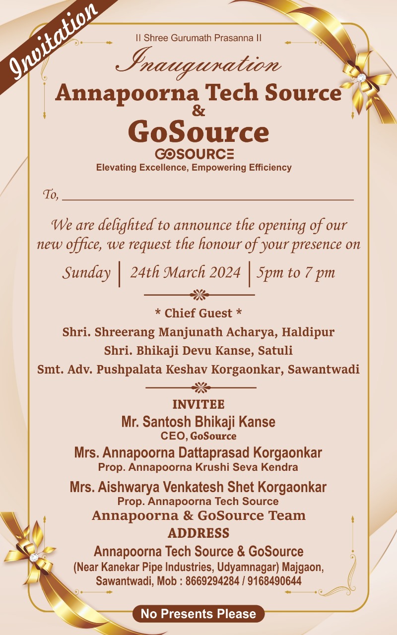 You are currently viewing Inauguration – Annapoorna Tech Source & Go Source _ 24th March 2024 | 5pm _ Majgaon