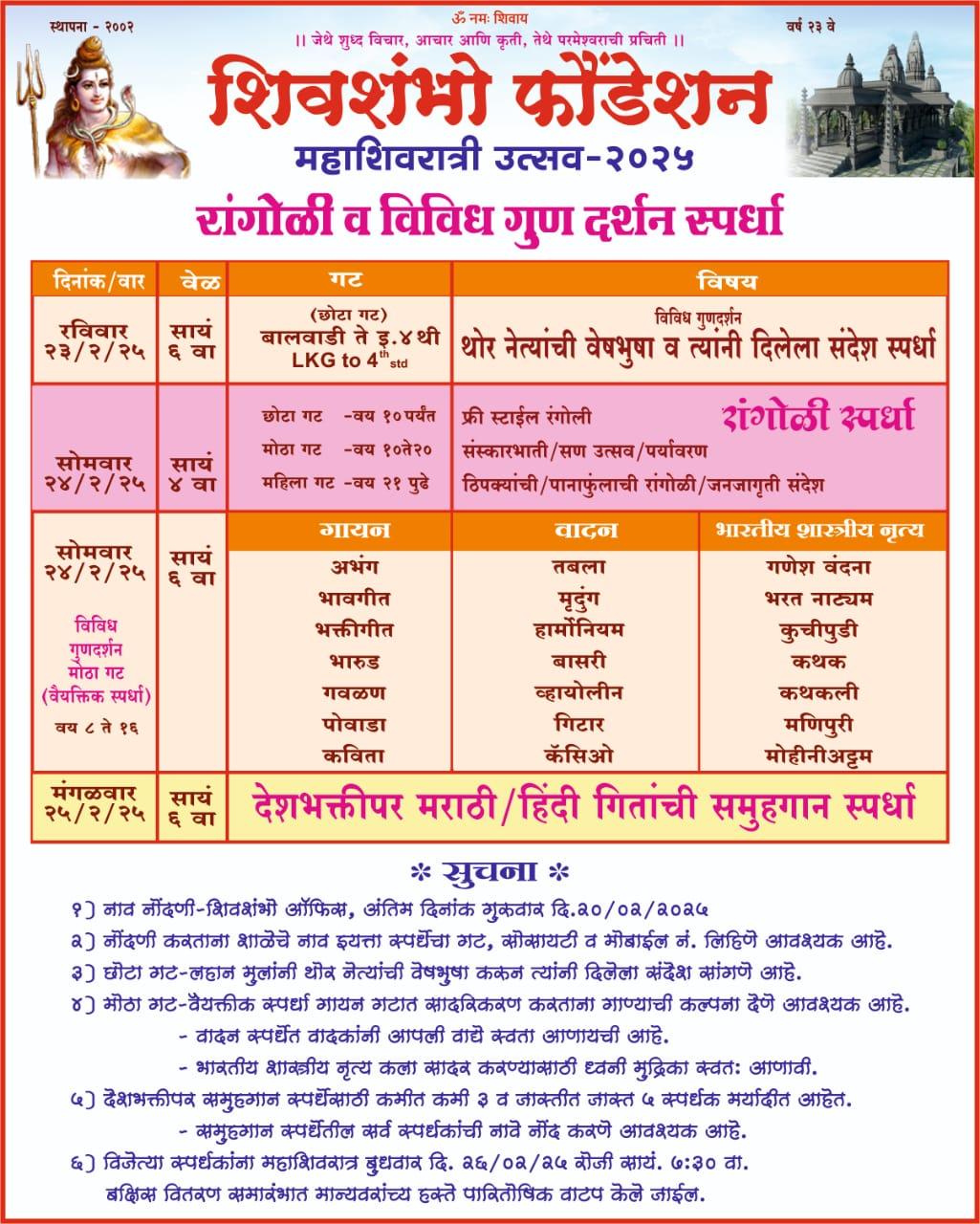 You are currently viewing २३ फेब्रुवारीपासून पाच दिवसीय शिवशंभो महाशिवरात्री महोत्सव