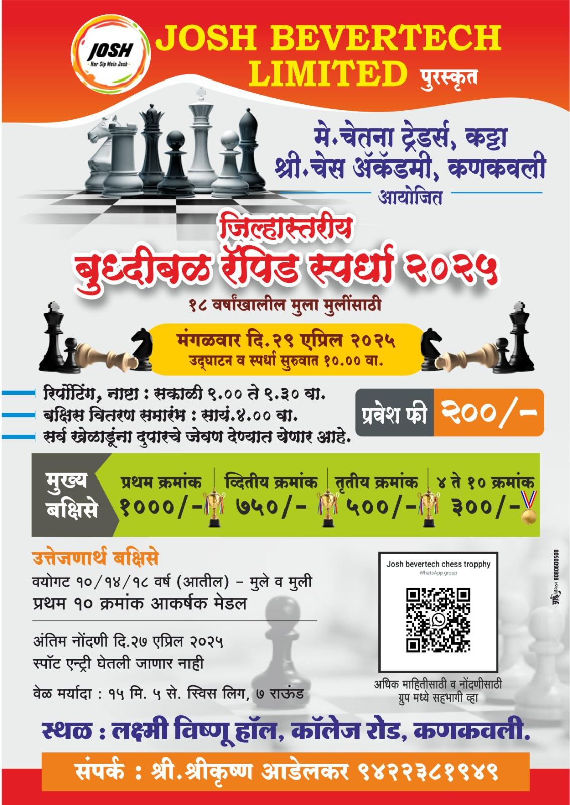 You are currently viewing २९ रोजी कणकवलीत जिल्हास्तरीय बुद्धिबळ स्पर्धेचे आयोजन