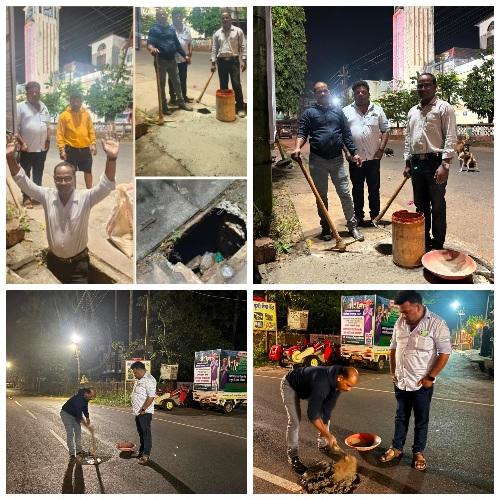 You are currently viewing नगरपरिषद समोर फुटपाथ वरील तो धोकादायक खड्डा सामाजिक बांधिलकी प्रतिष्ठानच्या कार्यकर्त्यांनी बुजवला.