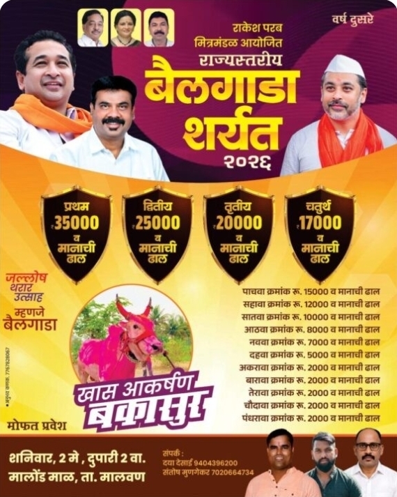 You are currently viewing मालवणात २ मे रोजी राज्यस्तरीय बैलगाडा शर्यत; विजेत्यांसाठी आकर्षक रोख बक्षिसे