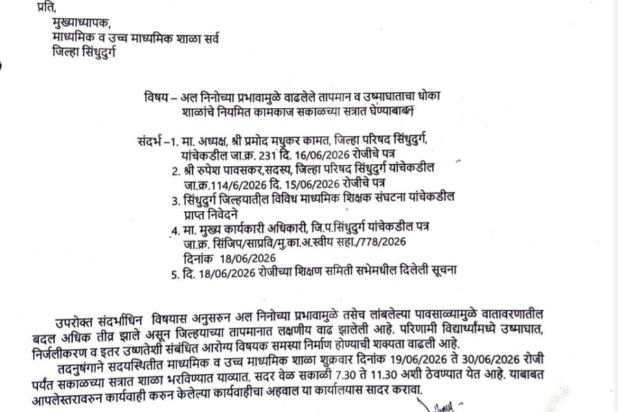 उष्णतेमुळे सिंधुदुर्गातील माध्यमिक-उच्च माध्यमिक शाळा सकाळच्या सत्रात