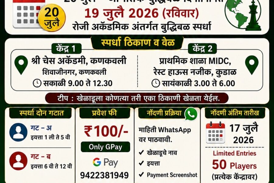 जागतिक बुद्धिबळ दिनानिमित्त १९ जुलैला विशेष बुद्धिबळ स्पर्धा; कणकवली व कुडाळ येथे रंगणार सामने