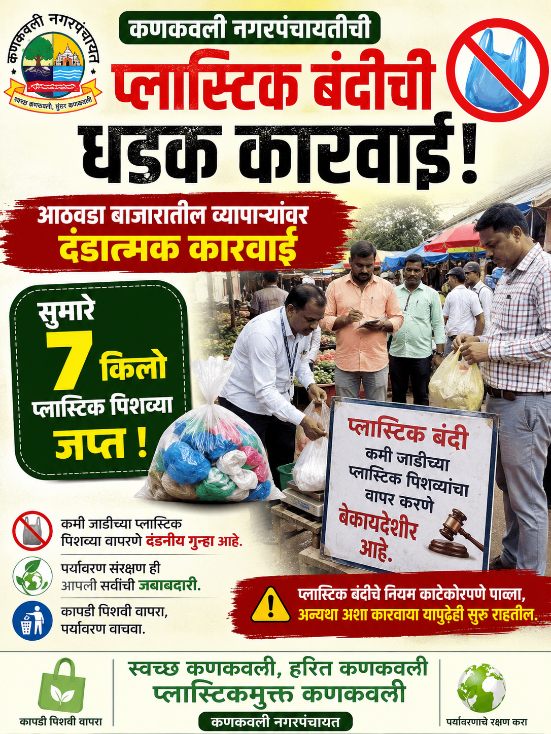 You are currently viewing कणकवलीत प्लास्टिक बंदीची धडक कारवाई; ७ किलो प्लास्टिक पिशव्या जप्त