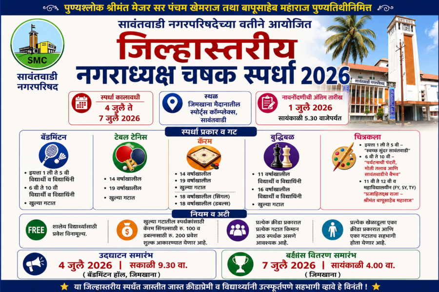 सावंतवाडीत ४ ते ७ जुलैदरम्यान जिल्हास्तरीय नगराध्यक्ष चषक क्रीडा स्पर्धांचे आयोजन