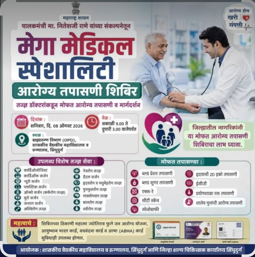 You are currently viewing दर तीन महिन्यांनी होणाऱ्या मेगा आरोग्य तपासणी शिबिराचे उद्या ओरोस येथे आयोजन