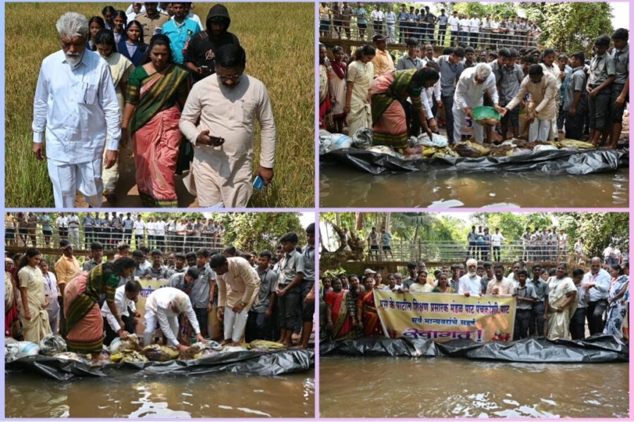 पाट येथे वनराई बंधारा उभारणीत मंत्री दादाजी भुसे यांचे श्रमदान