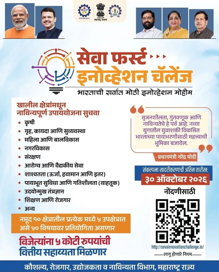You are currently viewing ‘सेवा फर्स्ट इनोव्हेशन चॅलेंज-२०२६’साठी ३० ऑक्टोबरपर्यंत नोंदणी करा