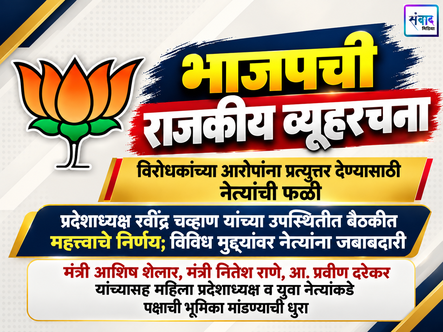 You are currently viewing भाजपची राजकीय व्यूहरचना; विरोधकांच्या आरोपांना प्रत्युत्तर देण्यासाठी नेत्यांची फळी